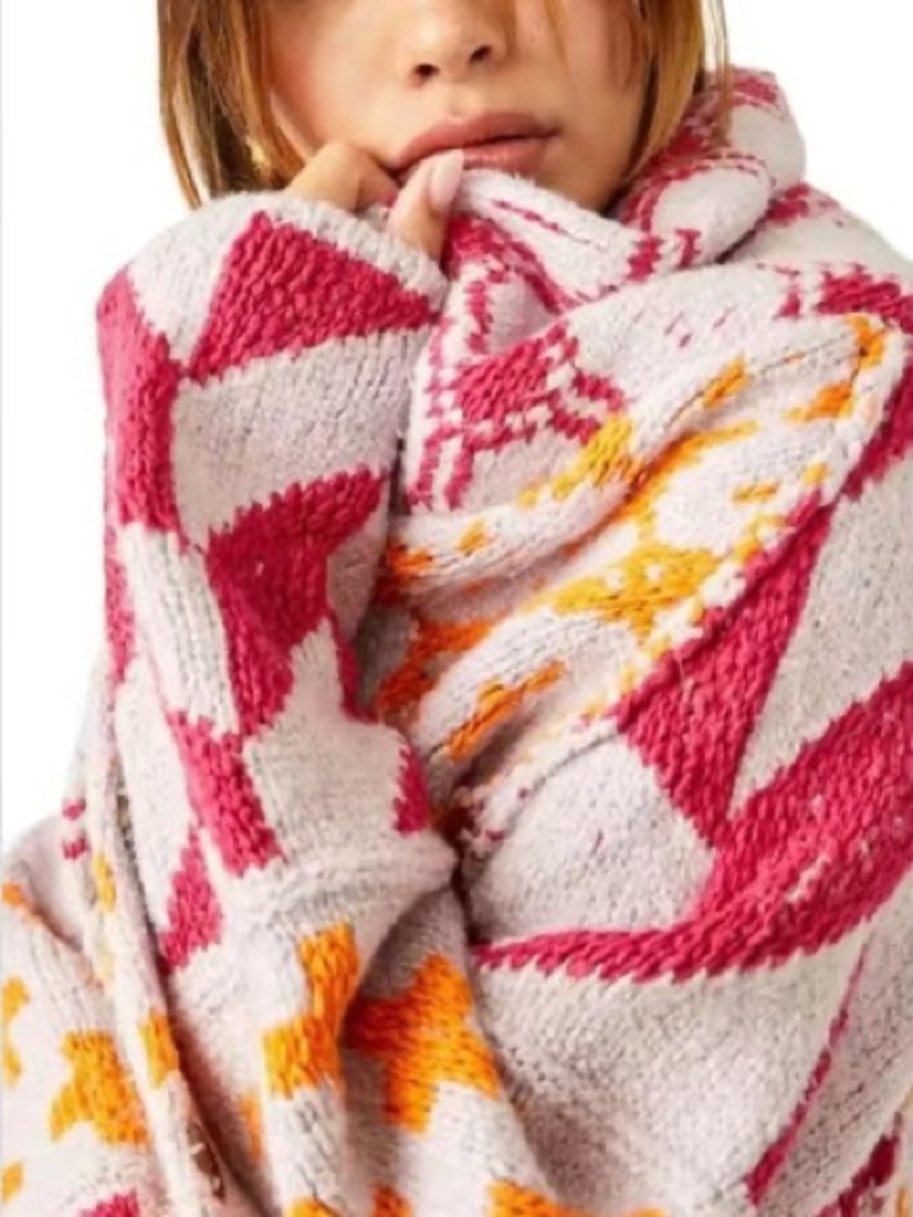 Pink/Orange Geometric Patterned Women's Cardigan Jacket OS